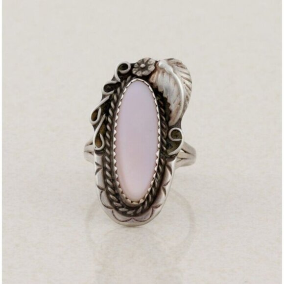 Sterling Silver Pink Mother of Pearl Flower Leaf Ring Size 7 1/4 Signed E - Picture 1 of 7